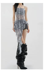 Black Asymmetric Ribbon Strap Tank Top With Ruffle Edge Design