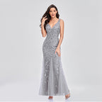 Evening Dress V neck Tulle Embroidered Sequ Mermaid Prom Formal Dress