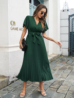 Josefa Satin Pleated Midi Dress Emerald FINAL