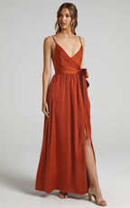 Limelight Satin High Low Maxi Dress Camel