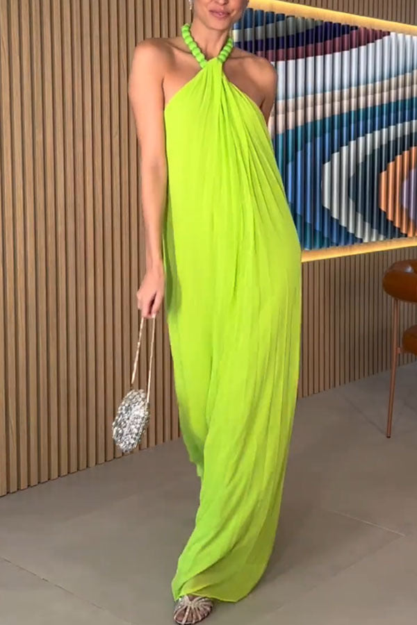 Ellise Chiffon Beads Halter Neck Backless A-line Maxi Dress