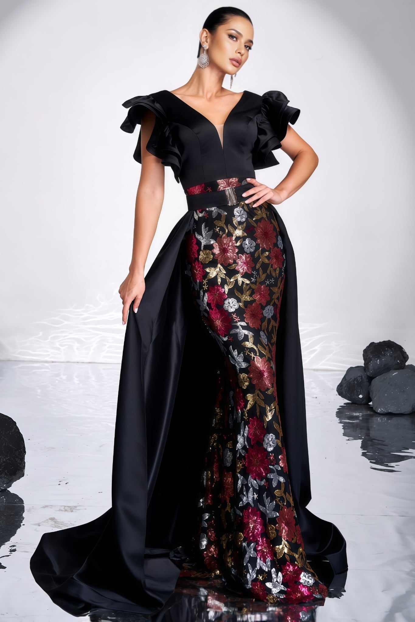 Ariasd Black Sequin Flower Maxi Dress