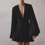 French Puff Sleeve High Waist Dress V Neck Abdomen Control Black Short Dress