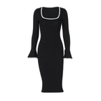 Square Collar Contrast Color Knitted Midi Dress Bell Sleeve Sheath