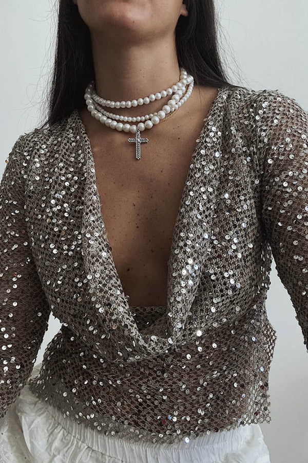 Fashionable Sequined Fishnet Casual Long-sleeved Top