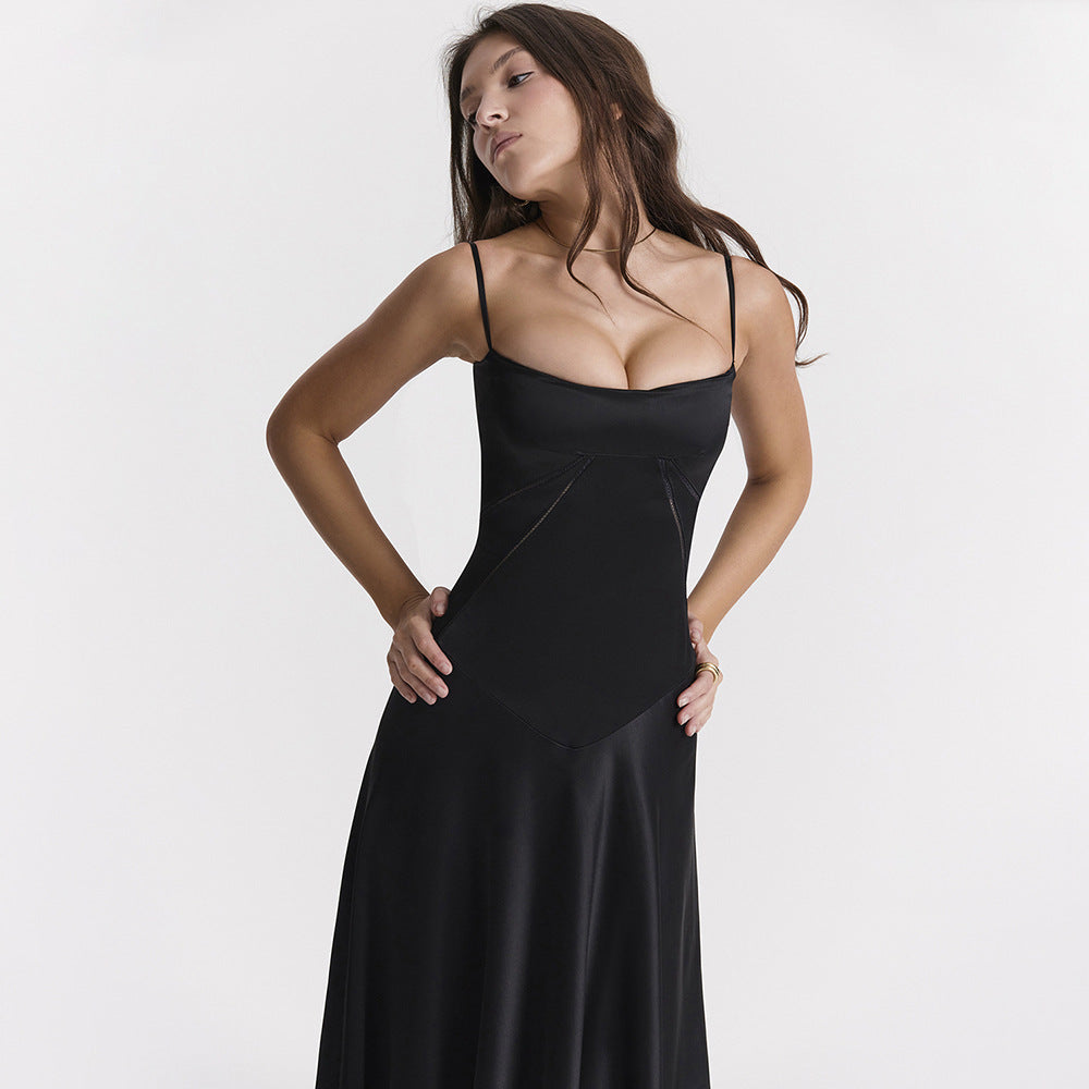 Square Neck Pintuck Trim Lace Up Back Satin Slip Maxi Dress - Black