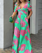 Verónica Timeless Women's Floral Maxi Dress with Puff Sleeves Boutique Collection