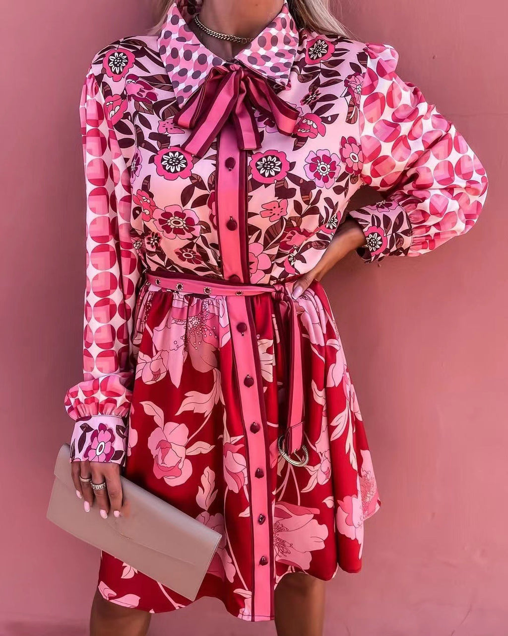 Zyla Mix Print Satin Button Down Shirt Dress