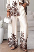 Botanical Print Loose Long-sleeved Shirt and Elastic Waist Pocket Casual Wide-leg Pants
