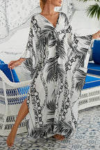 Simple Unique Printed Pleated Front Slit Cover Up
