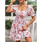 Tatiana Chic Women's Floral Basic Dress with Puff Sleeves and Adjustable Neckline Boutique Collection
