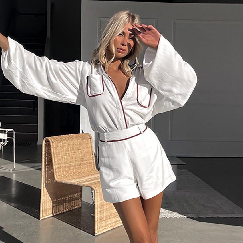 Fashionable White Cotton Modern Chic Comfortable ColorBlock Stylish Fall Suit