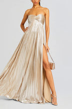 Metallic Sexy Tube Top Pleated High Slit Maxi Dress