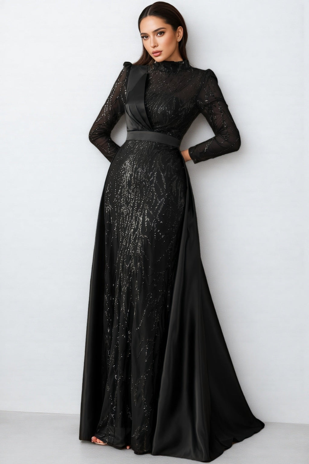 Moto Sequin Satin Long-Sleeved Maxi Dress