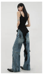 Black Asymmetric Ribbon Strap Tank Top With Ruffle Edge Design