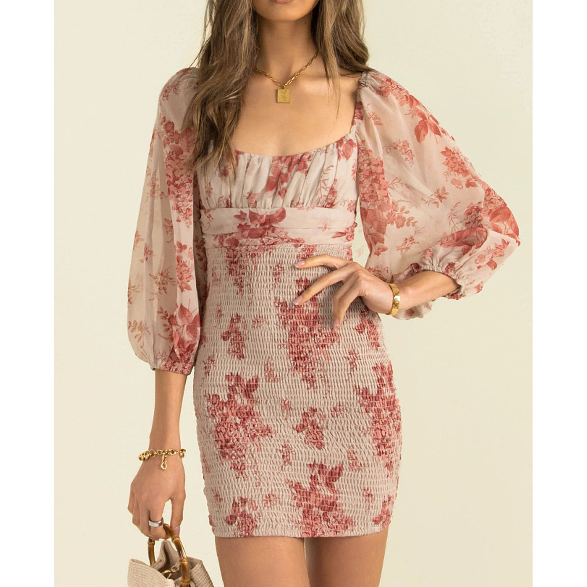 Emberly Linen Floral Puff Sleeve Mini Dress Ivory Multi