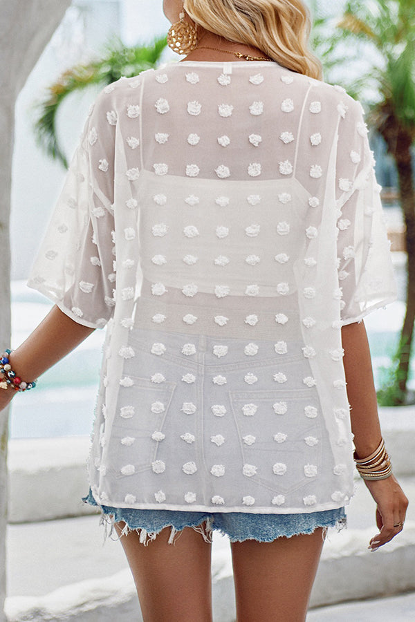 Casual See Through Patchwork Pom Pom Short Sleeved Cover Up