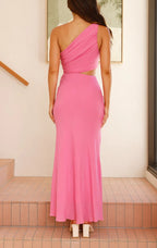 Bloom Summer 3d Flower Ruched One Shoulder Cutout Maxi Dress