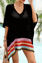 Color Block V Neck Slit Hollow Short Sleeved Knitted Cover Up