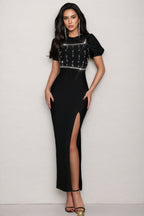 Sileny Studded Bubble Sleeve Slit Maxi Dress