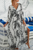 Simple Unique Printed Pleated Front Slit Cover Up