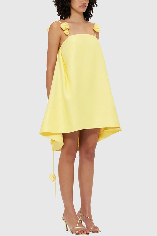 Women's new suspender satin dress INS casual loose vacation elegant yellow rose dress