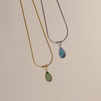 Aqua Teardrop Pendant Titanium Steel Gold Plated Necklace