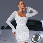 Fully Jewelled Hip Dress Elegant Square Collar Long Sleeve Ball Cocktail Dress