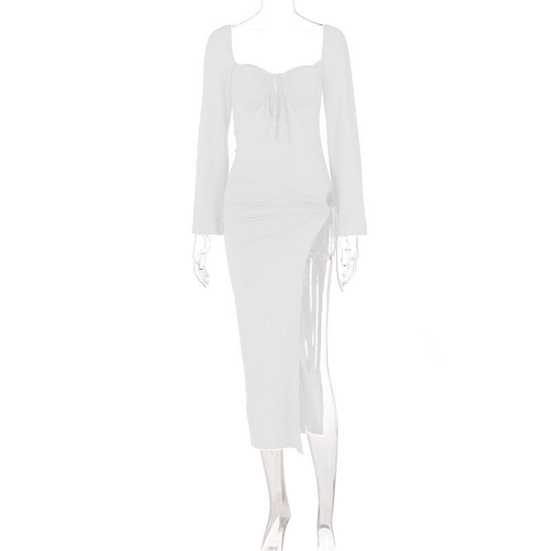 Long Sleeve Lace Up Slim Fit Backless Hollow Out Cutout Split Dress