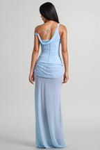 Lzada Blue Off Shoulder Waist Cinched Maxi Dress