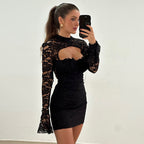 Lace Stitching Chest Hollow Out Cutout Flared Sleeve Waist Hip dress