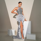 Sleeveless Off-the-shoulder Sequined High-slit Dress