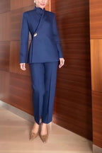 Elegant Women’s Navy Blue Pantsuit – Slim Fit Blazer with Asymmetric Button and Tailored Trousers for Business Office Wear