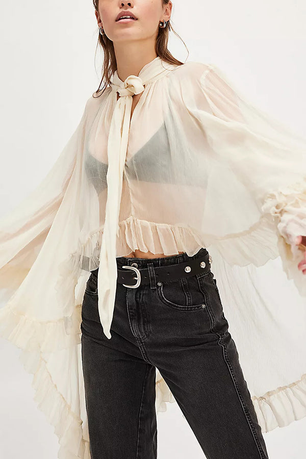 Flowy See-through Ruffle Tie-up Neck Bell Sleeve High-low Hem Cape Shirt