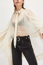 Flowy See-through Ruffle Tie-up Neck Bell Sleeve High-low Hem Cape Shirt