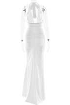 Solid Color Elegant Halterneck V-neck Open Back Tie Gathered Maxi Dress