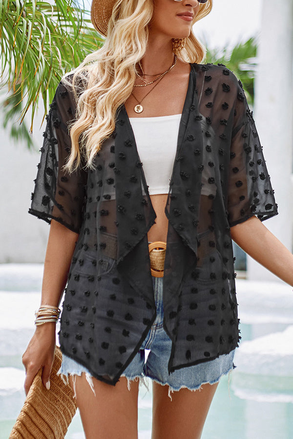 Casual See Through Patchwork Pom Pom Short Sleeved Cover Up