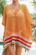 Color Block V Neck Slit Hollow Short Sleeved Knitted Cover Up