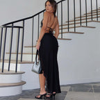 Ruffled V neck Lace up Backless Dress