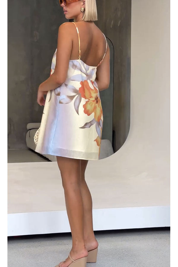 Summer Surprise Linen Blend Floral Print Slip H-line Mini Dress
