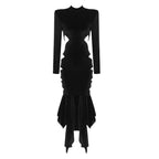 Black Velvet Hollow Out Cutout Round Neck Wear Hip Dress