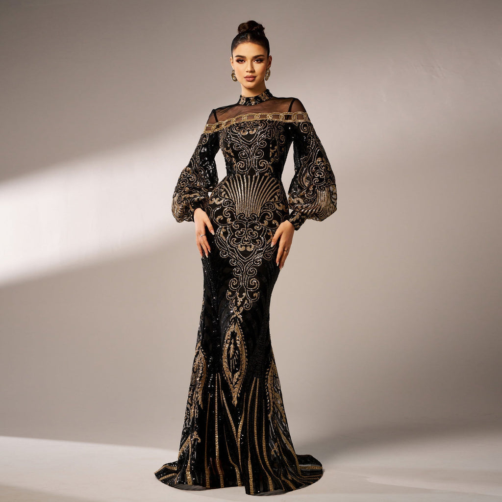 Long Sleeve round Neck Long Sequined Cocktail Mesh Fishtail Evening Dress Bridesmaid Dress