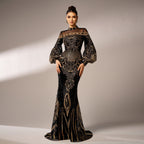 Long Sleeve round Neck Long Sequined Cocktail Mesh Fishtail Evening Dress Bridesmaid Dress