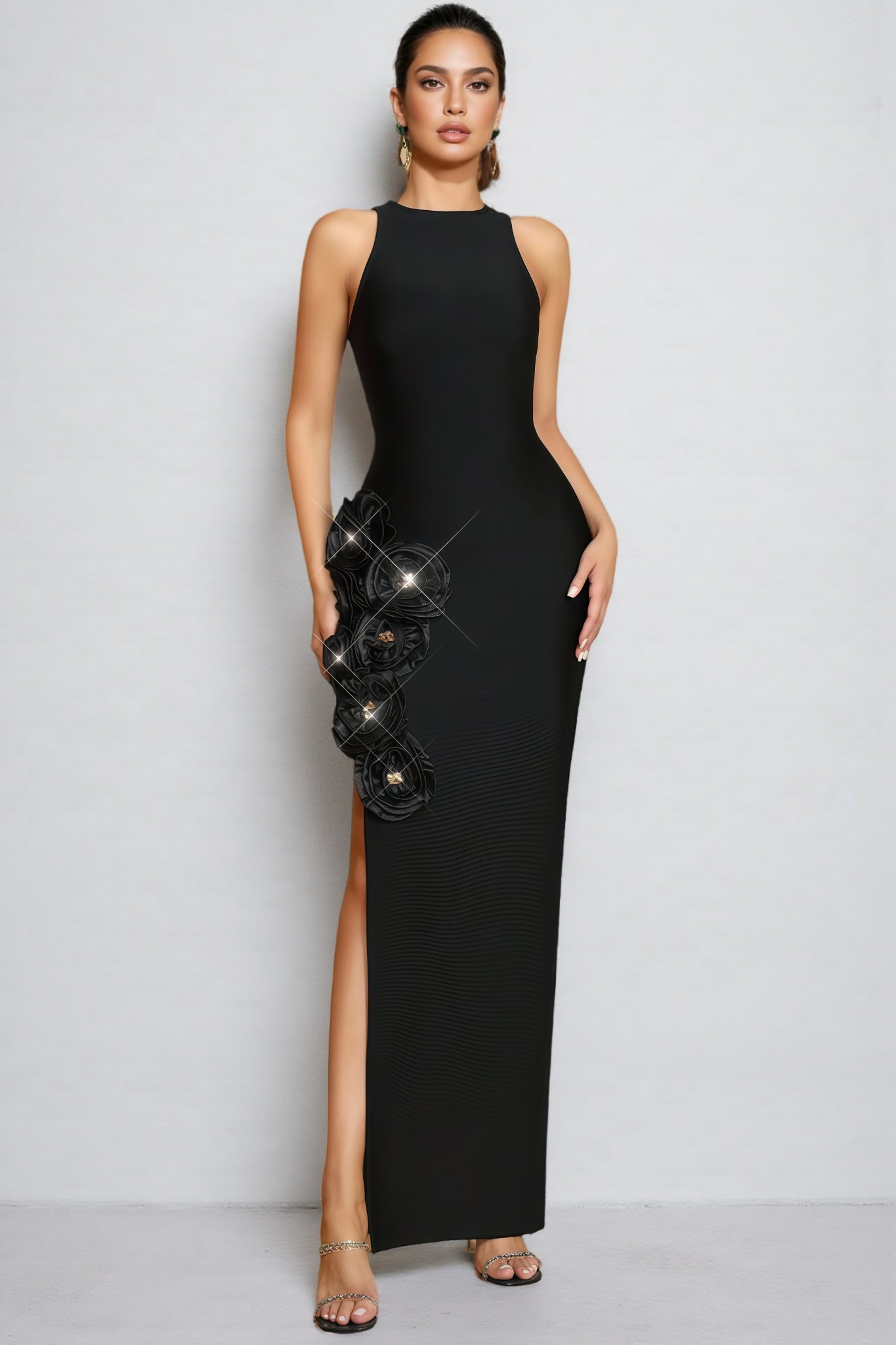 Noa Black 3D Floral Bandage Maxi Dress