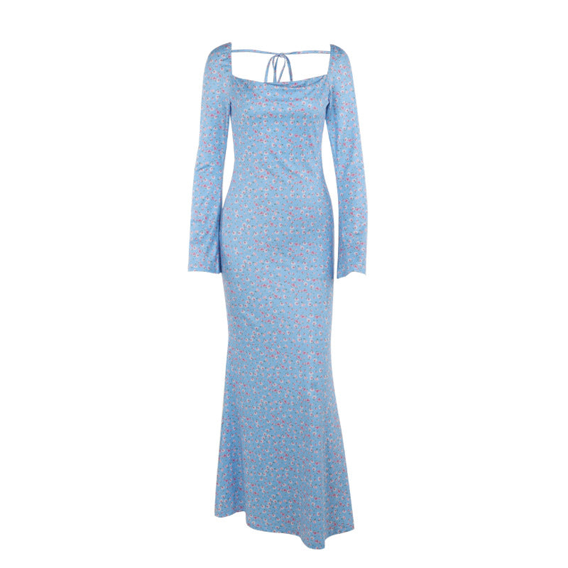 Fall Maxi Dress Elegant Slim Fit Small Horn Printed Sleeve