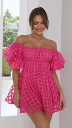 Diana Boutique Mini Dress with Puff Sleeves and a Checked Pattern Chic Silhouette Collection