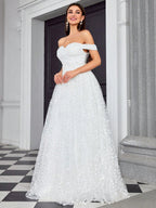 Off Shoulder Evening Dress Elegant Graceful Simple Dress Outdoor Travel Photography Light Wedding Dress