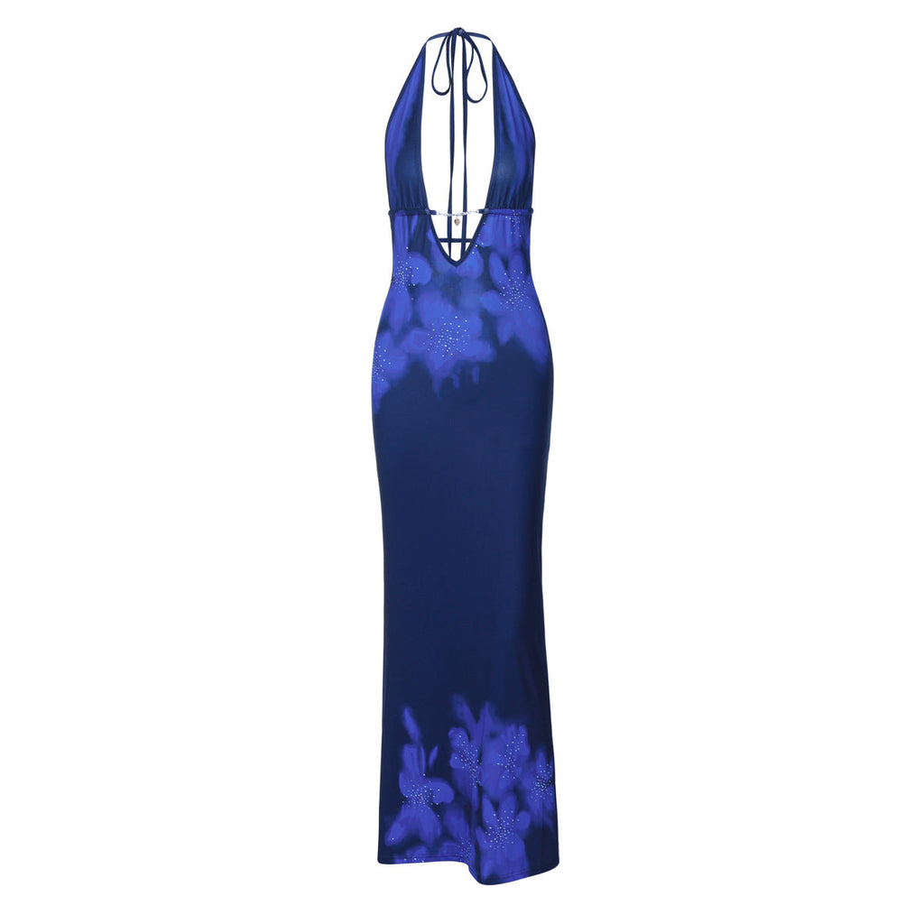 Printed Backless Slim Fit Split Lace up Dress