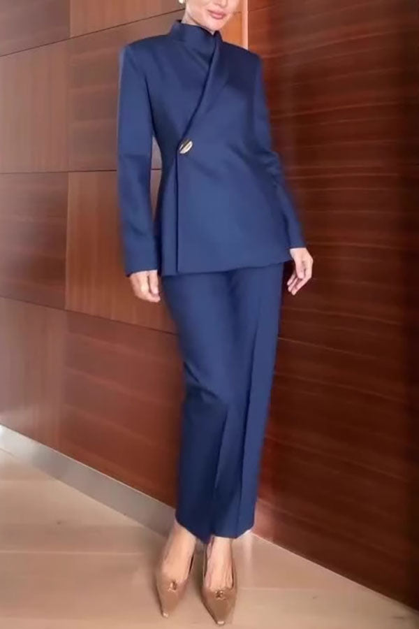 Elegant Women’s Navy Blue Pantsuit – Slim Fit Blazer with Asymmetric Button and Tailored Trousers for Business Office Wear
