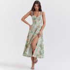 Floral Slip Dress Backless Slit Mid Length Vacation Dress for